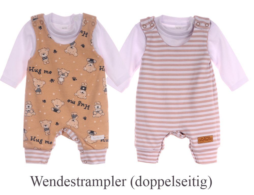 Baby Strampler Socken Mütze Langarmshirt Set 4Tlg in weiß beige mit Bären gesterift