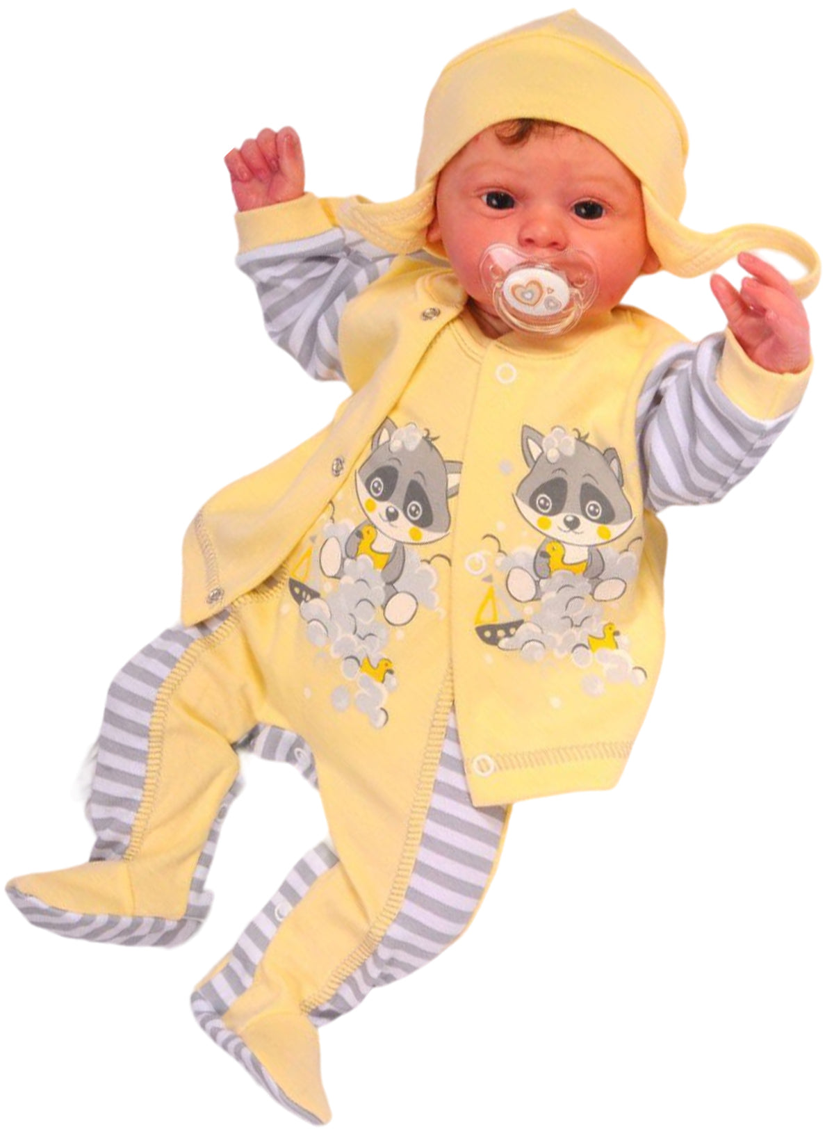 Strampler Mütze und Hemdchen Baby Anzug in Gelb, neutral mit Waschbär Aufdruck