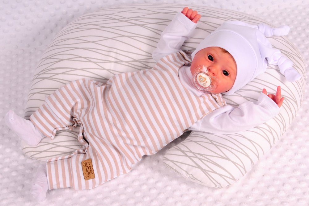 Baby Strampler Socken Mütze Langarmshirt Set 4Tlg in weiß beige mit Bären gesterift