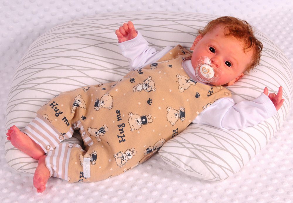 Baby Strampler Socken Mütze Langarmshirt Set 4Tlg in weiß beige mit Bären gesterift
