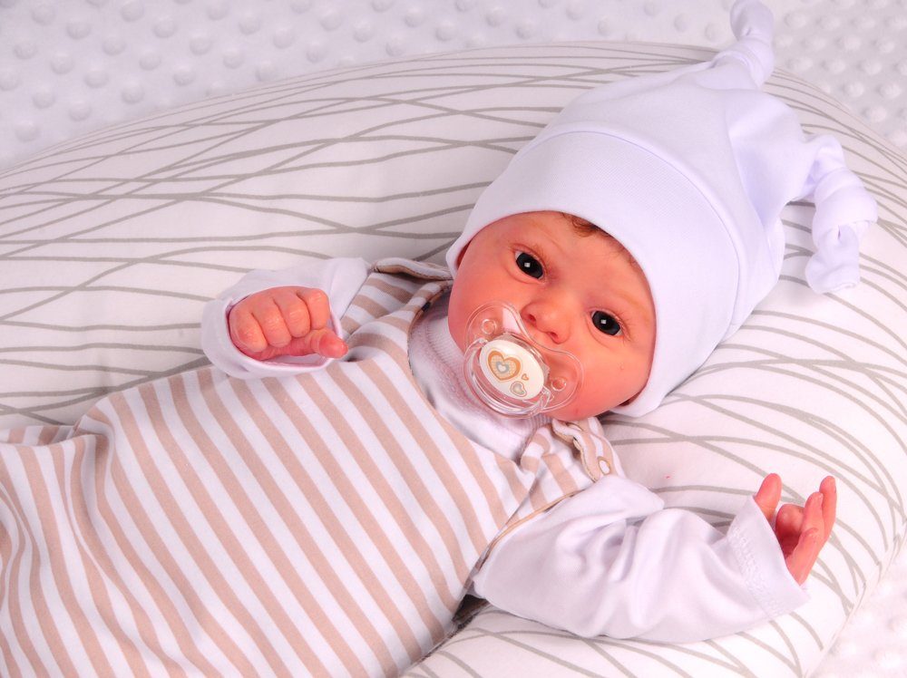 Baby Strampler Socken Mütze Langarmshirt Set 4Tlg in weiß beige mit Bären gesterift