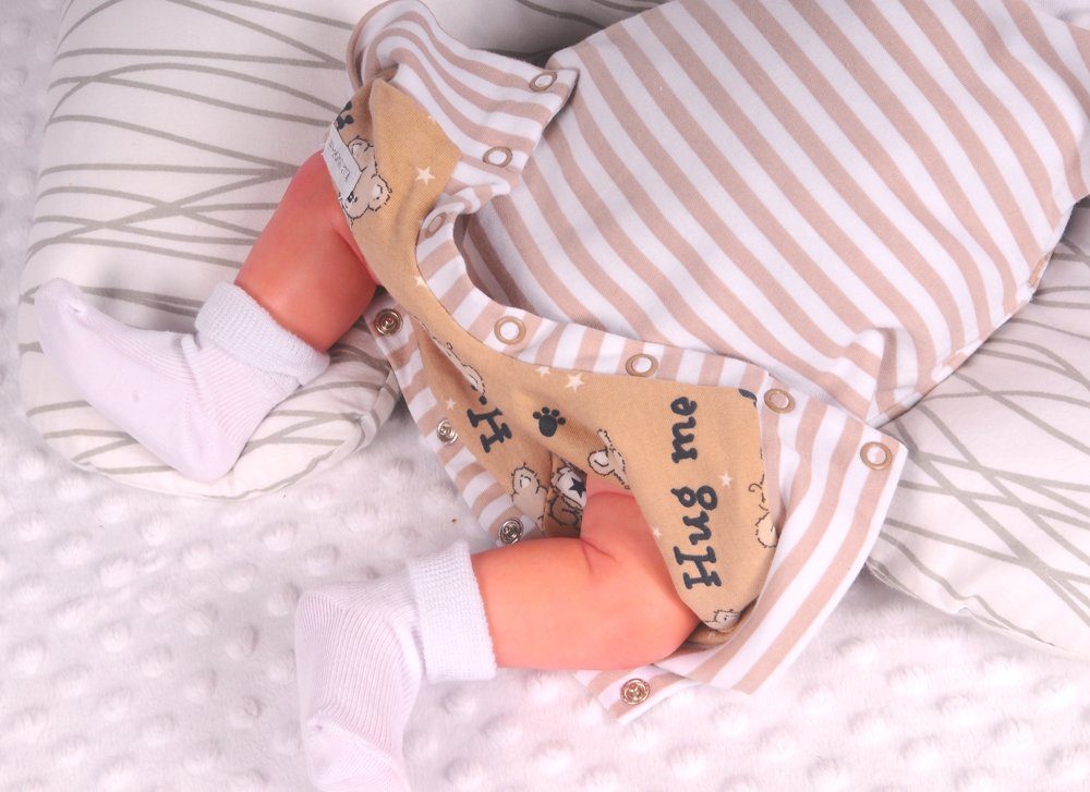 Baby Strampler Socken Mütze Langarmshirt Set 4Tlg in weiß beige mit Bären gesterift