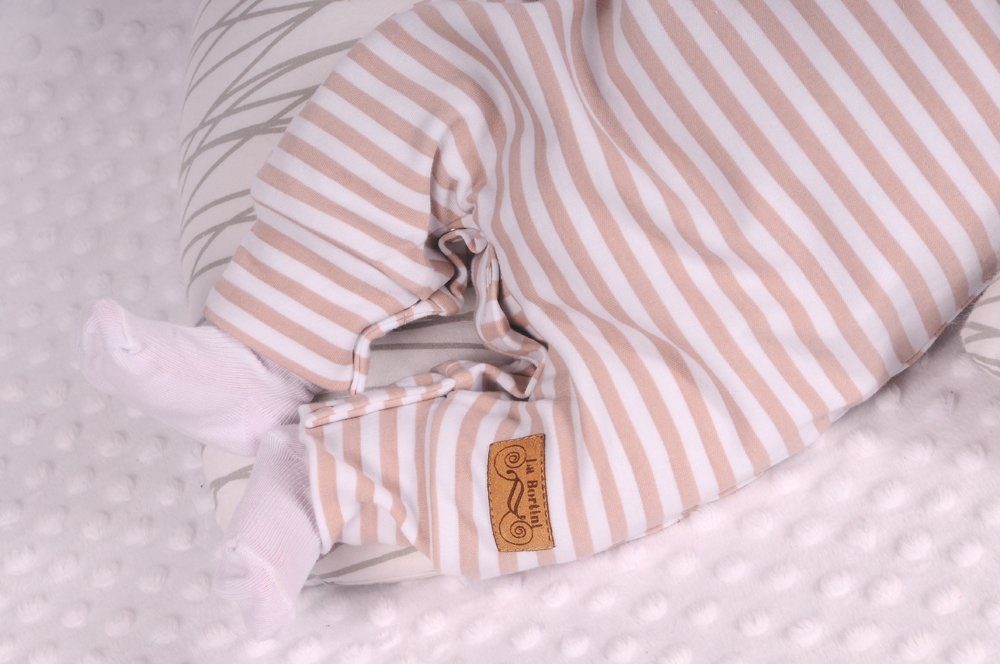 Baby Strampler Socken Mütze Langarmshirt Set 4Tlg in weiß beige mit Bären gesterift