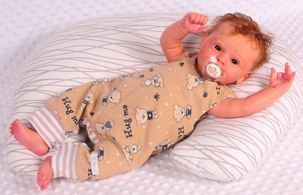 Baby Strampler Socken Mütze Langarmshirt Set 4Tlg in weiß beige mit Bären gesterift