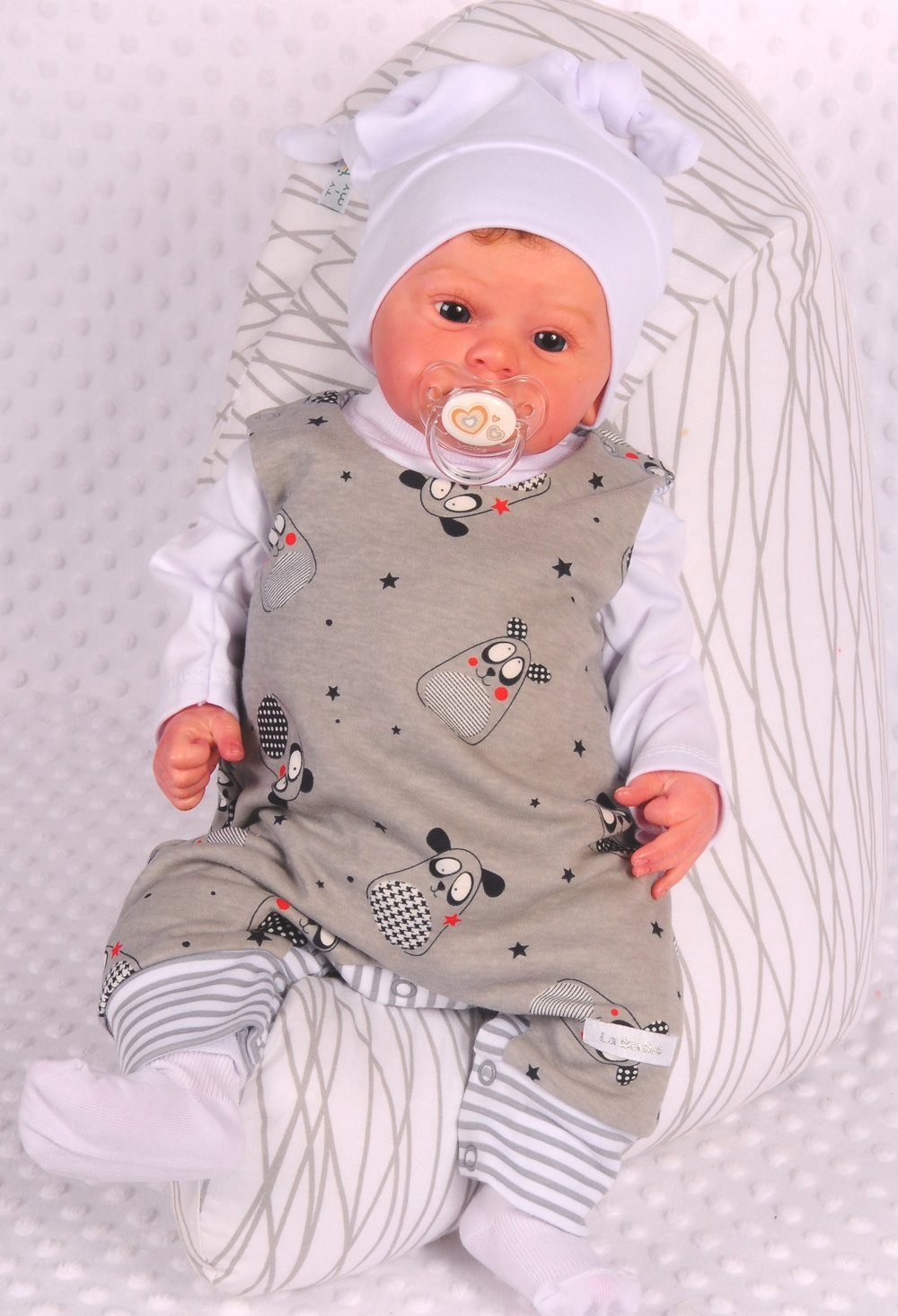 Baby Strampler Socken Mütze Langarmshirt Set 4Tlg in Grau gemustert, gestreift