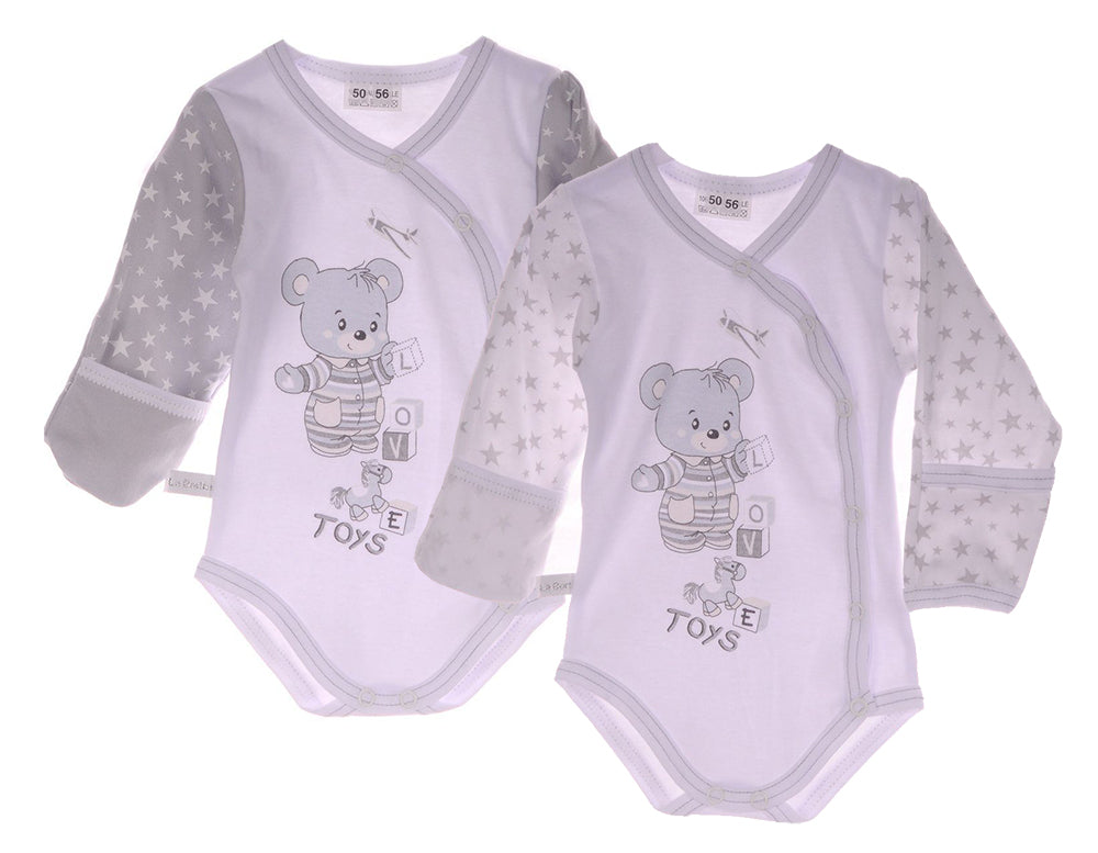 Wickelbodys 2er Pack Baby Body in weiß grau mit Sternchen Muster und Bären Aufdruck