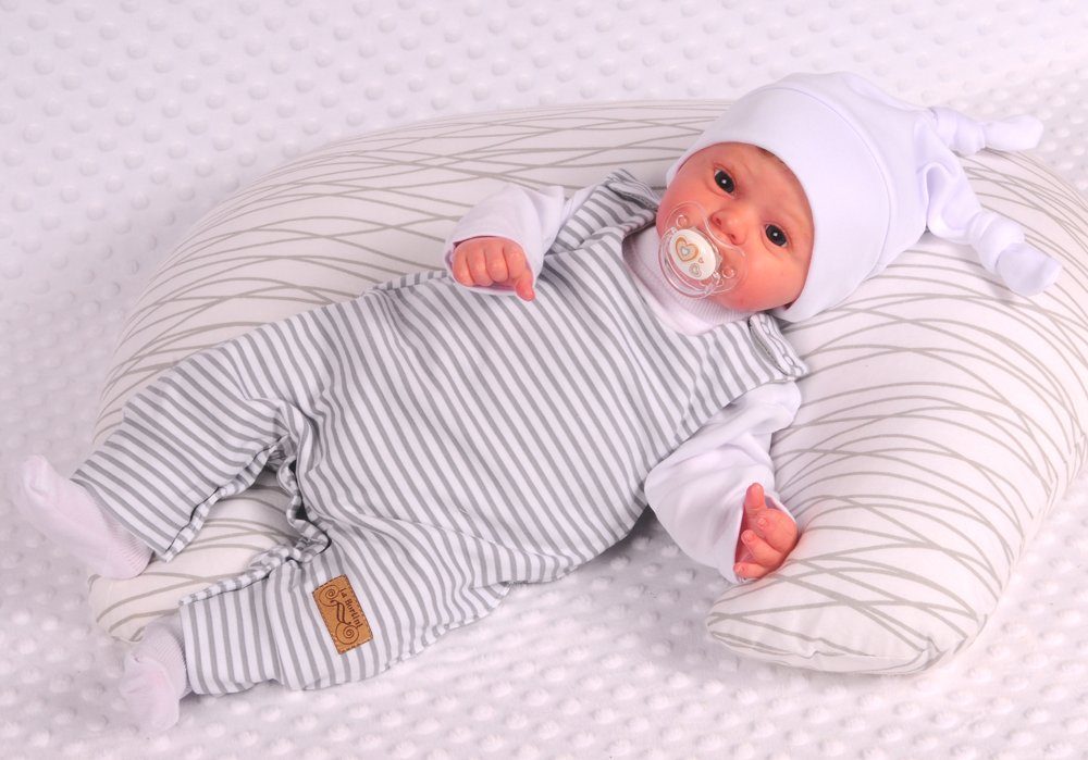 Baby Strampler Socken Mütze Langarmshirt Set 4Tlg in Grau gemustert, gestreift