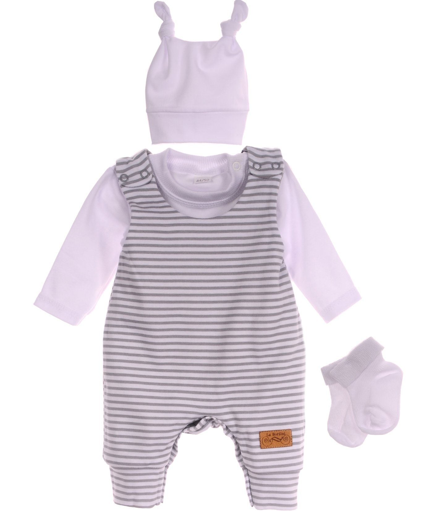 Baby Strampler Socken Mütze Langarmshirt Set 4Tlg in Grau gemustert, gestreift