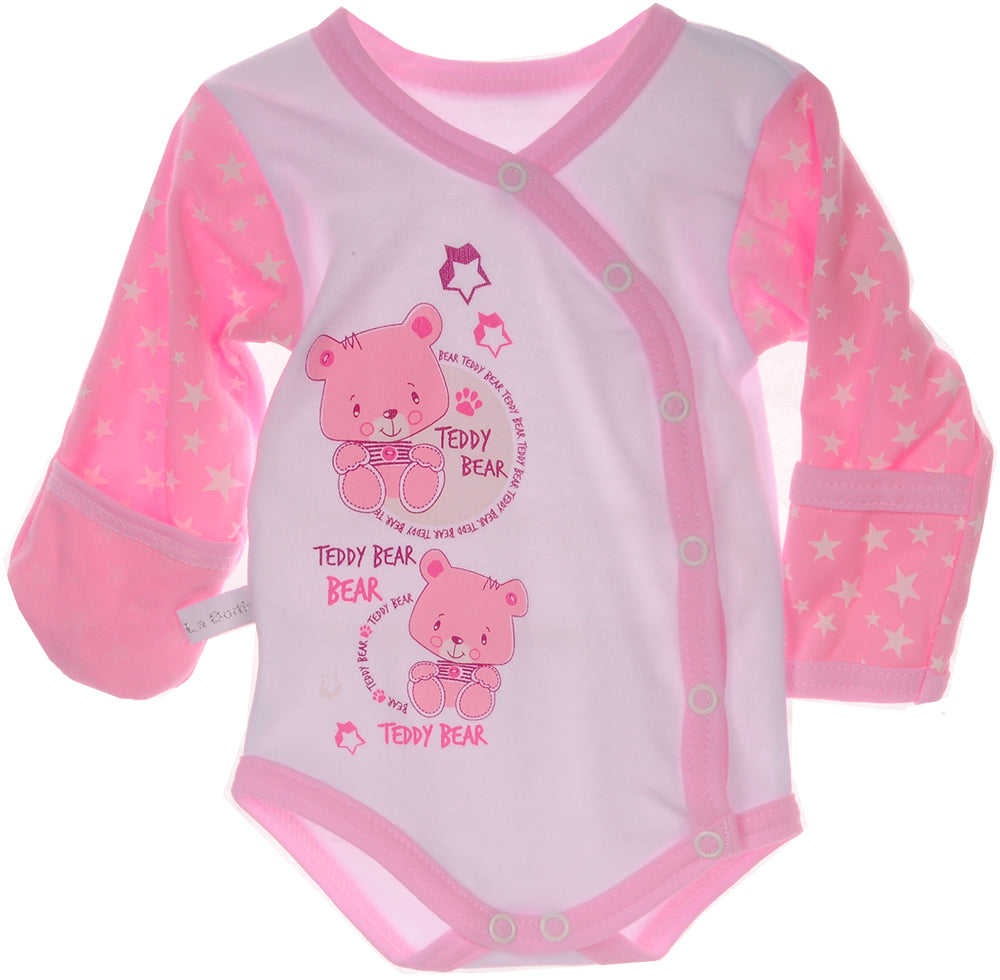 Baby Body Wickelbody mit Kratzschutz langarm in Rosa mit Sternen und Bären Aufdruck