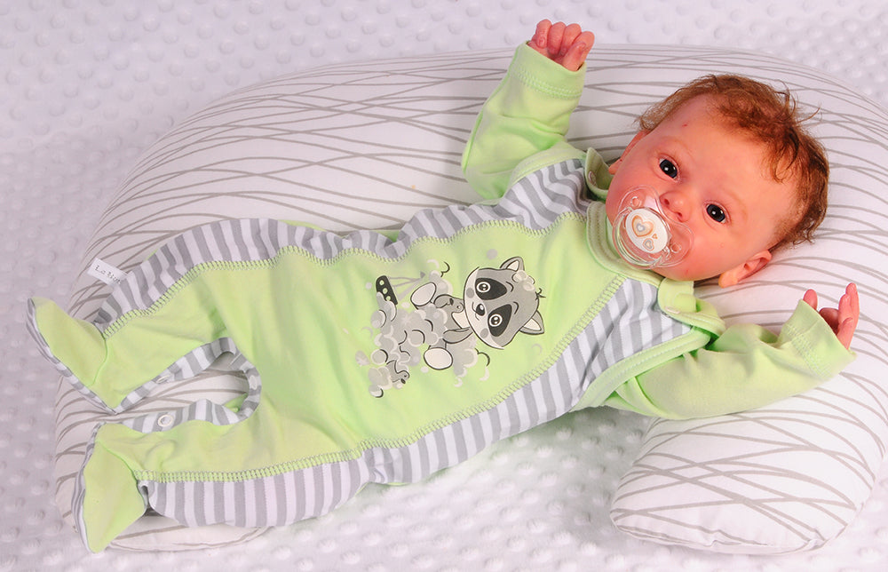 Strampler Mütze Langarmshirt Baby Anzug in Grün mit Waschbär Aufdruck gestreift