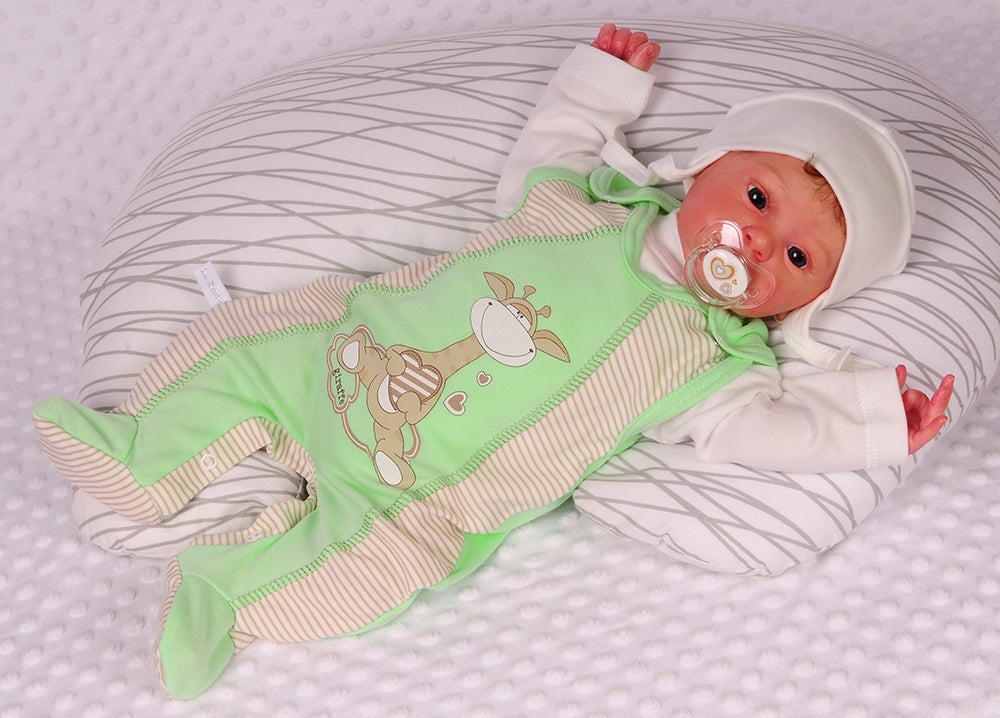 Strampler Mütze und Langarmshirt Baby Anzug in creme grün mit Giraffe