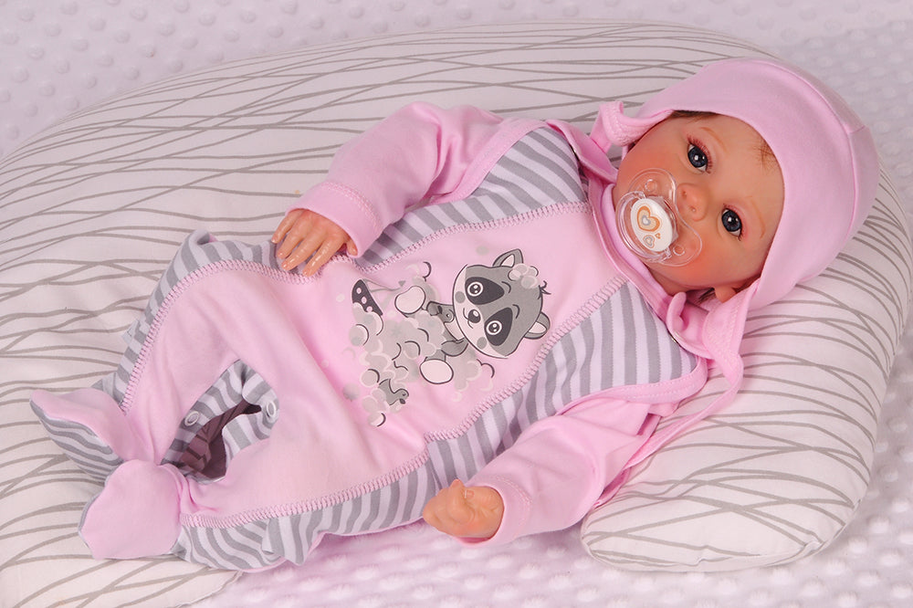 Strampler Mütze und Hemdchen Baby Anzug in Rosa mit Waschbär