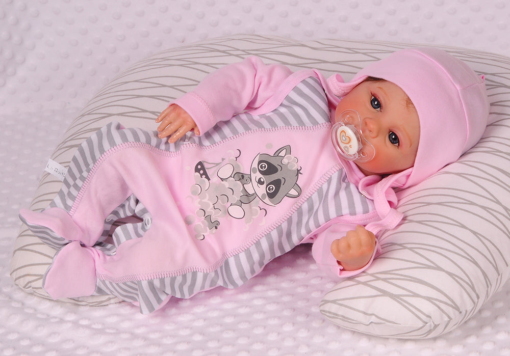 Strampler Mütze und Hemdchen Baby Anzug in Rosa mit Waschbär