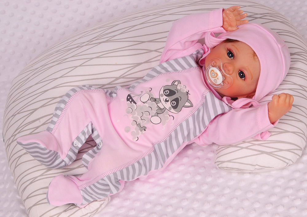 Strampler Mütze und Hemdchen Baby Anzug in Rosa mit Waschbär