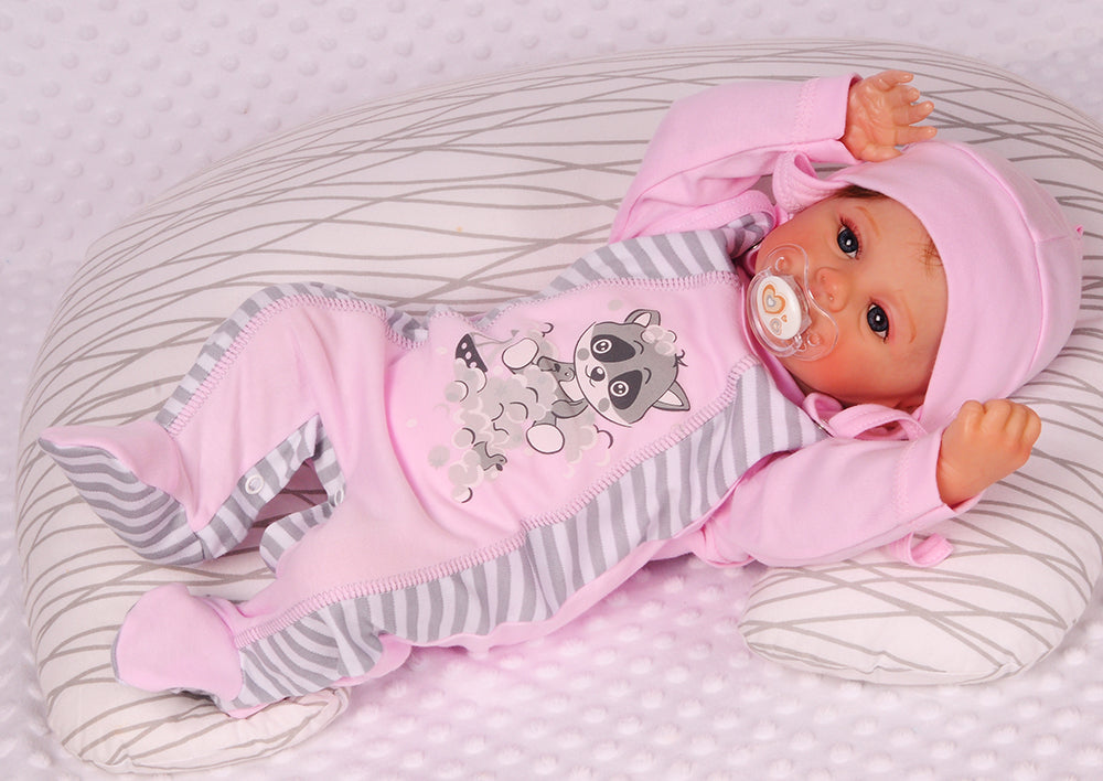 Strampler Mütze und Hemdchen Baby Anzug in Rosa mit Waschbär