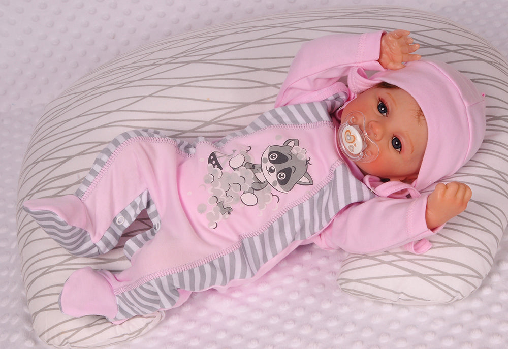 Strampler Mütze und Hemdchen Baby Anzug in Rosa mit Waschbär