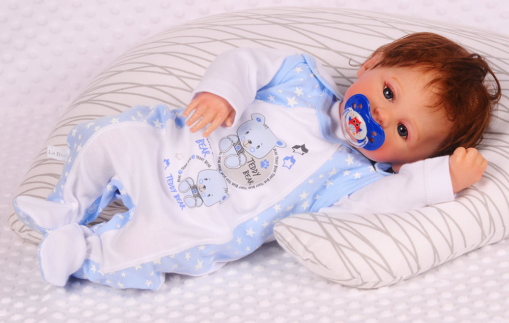 Strampler Mütze und Hemdchen Baby Anzug in Weiß Blau mit Sternchen