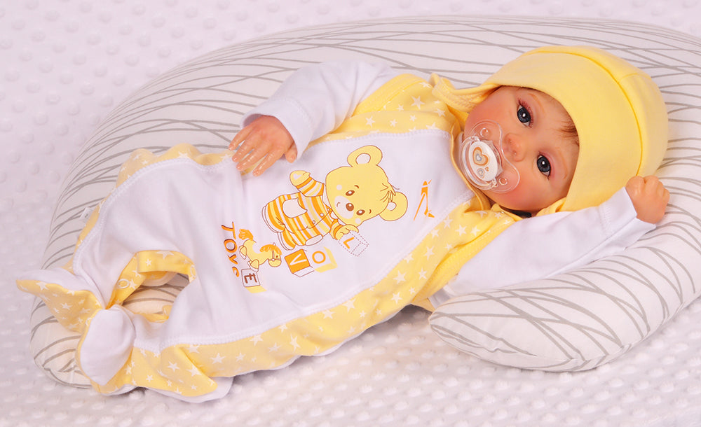Baby Strampler Mütze Hemdchen Erstlingsset in weiß gelb mit Bärchen Aufdruck