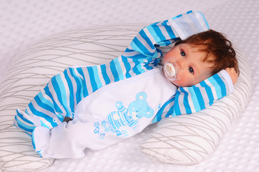 Baby Strampler Overall Schlafanzug in Türkis gestreift mit Bärchen Print