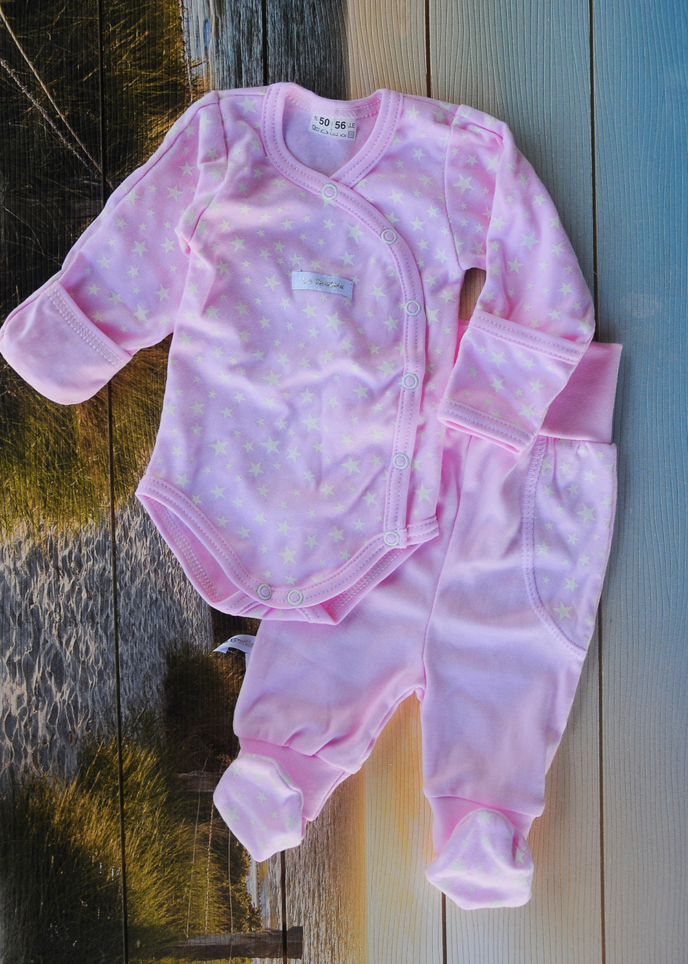 Body und Hose Baby Anzug 2tlg Wickelbody mit Kratzschutz in Rosa mit Sternchen