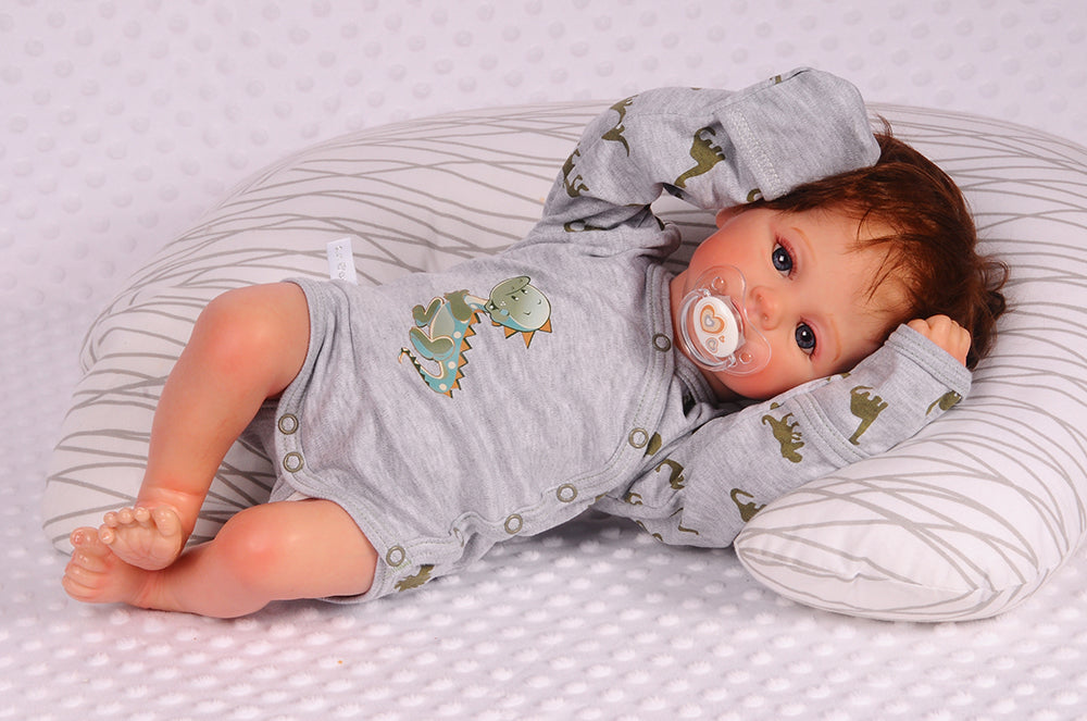 Body und Hose Baby Anzug in Grau mit Dinos Muster Wickelbody mit Kratzschutz