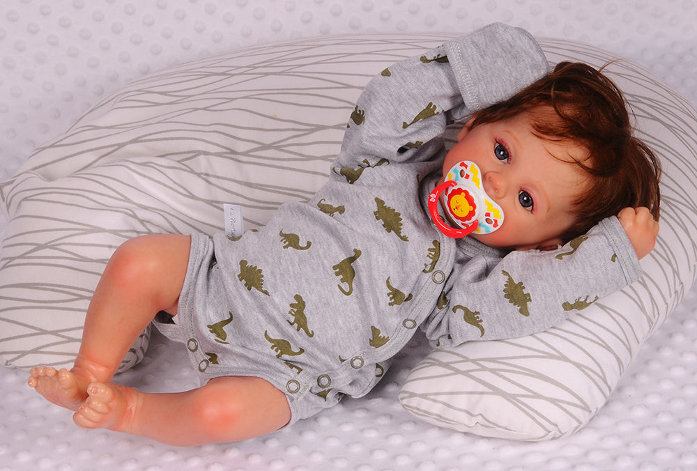 Body Hose Baby Anzug Wickelbody mit Kratzschutz in Grau Khaki mit Dinos Muster