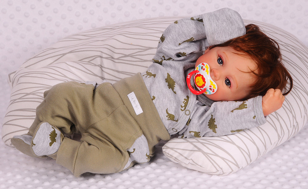 Body Hose Baby Anzug Wickelbody mit Kratzschutz in Grau Khaki mit Dinos Muster