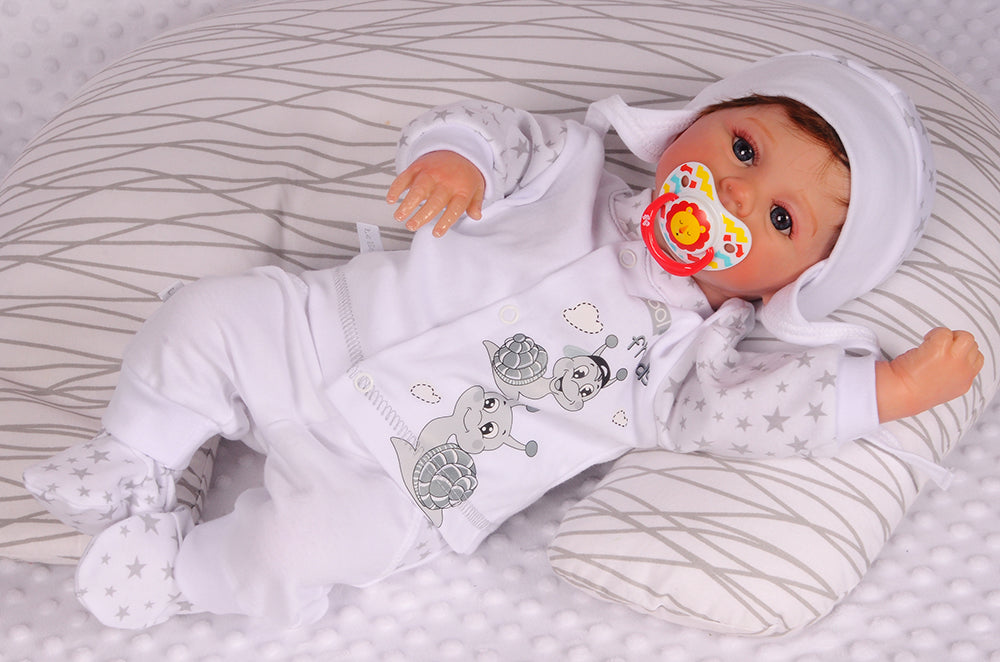 Hose Baby Anzug 3Tlg Hose Mütze Hemdchen in Weiß mit Schnecken