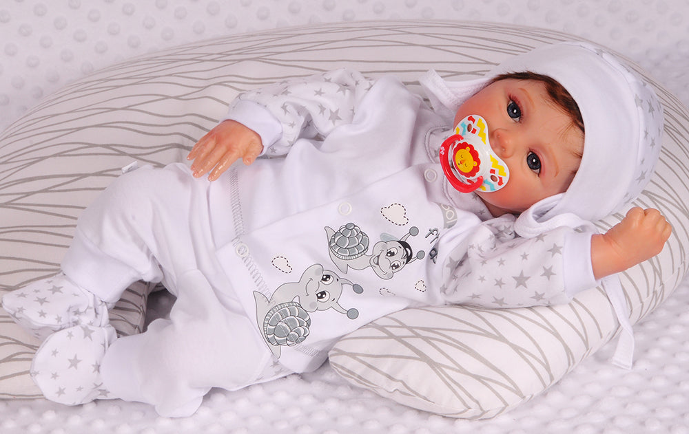 Hose Baby Anzug 3Tlg Hose Mütze Hemdchen in Weiß mit Schnecken