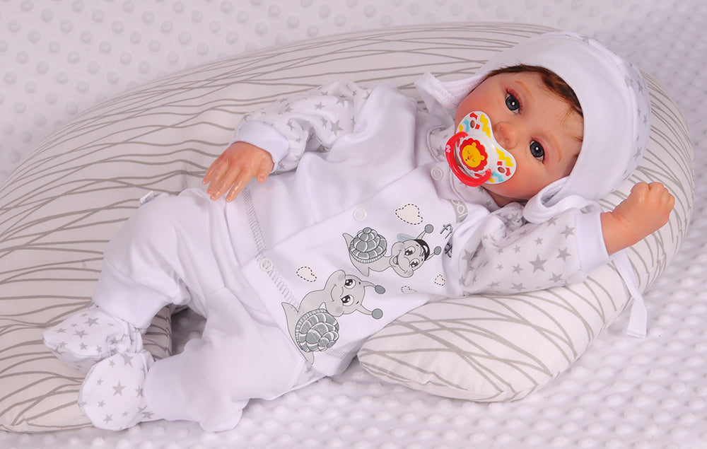 Hose Baby Anzug 3Tlg Hose Mütze Hemdchen in Weiß mit Schnecken