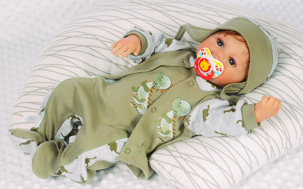 Strampler Mütze und Hemdchen Baby Anzug in Khaki mit Dino