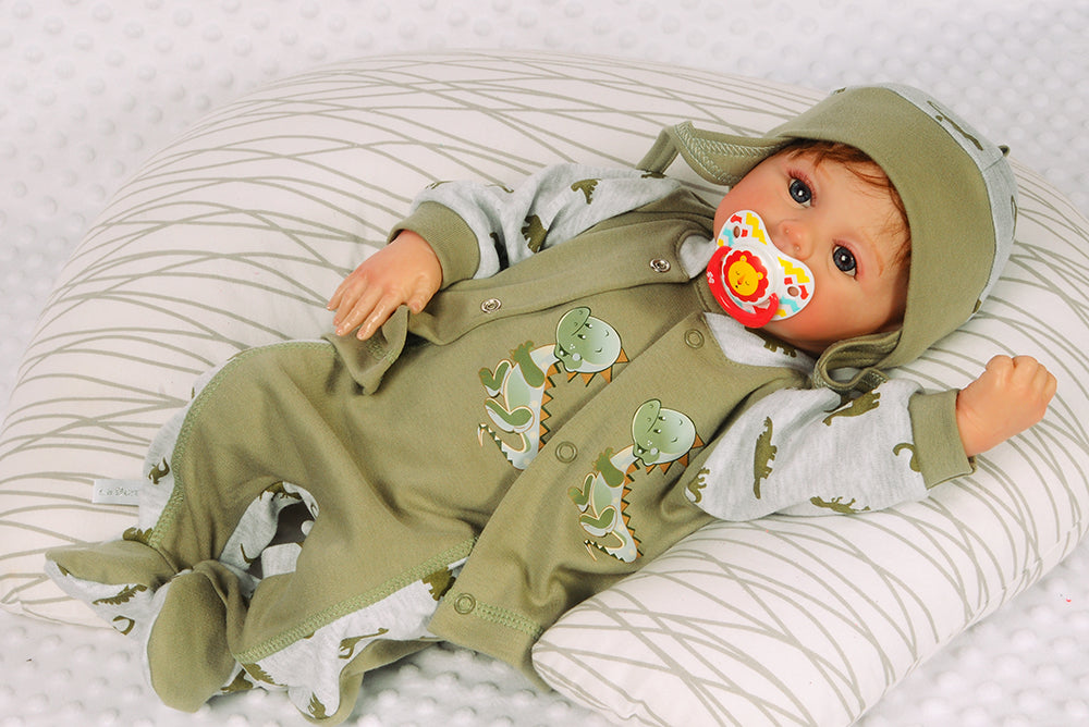 Strampler Mütze und Hemdchen Baby Anzug in Khaki mit Dino