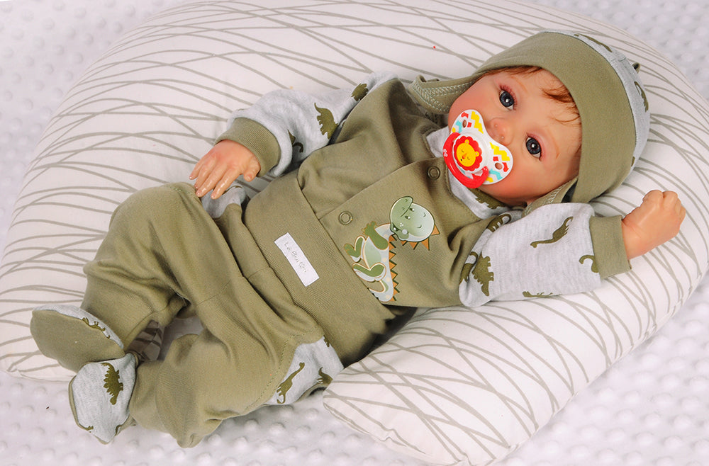 Hose Baby Anzug 3Tlg Hose Mütze Hemdchen in Khaki mit Dino