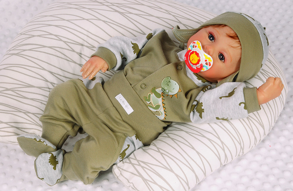 Hose Baby Anzug 3Tlg Hose Mütze Hemdchen in Khaki mit Dino