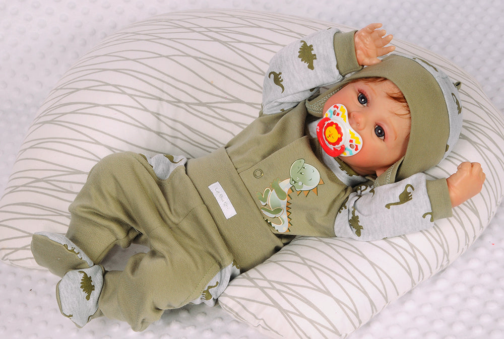 Hose Baby Anzug 3Tlg Hose Mütze Hemdchen in Khaki mit Dino