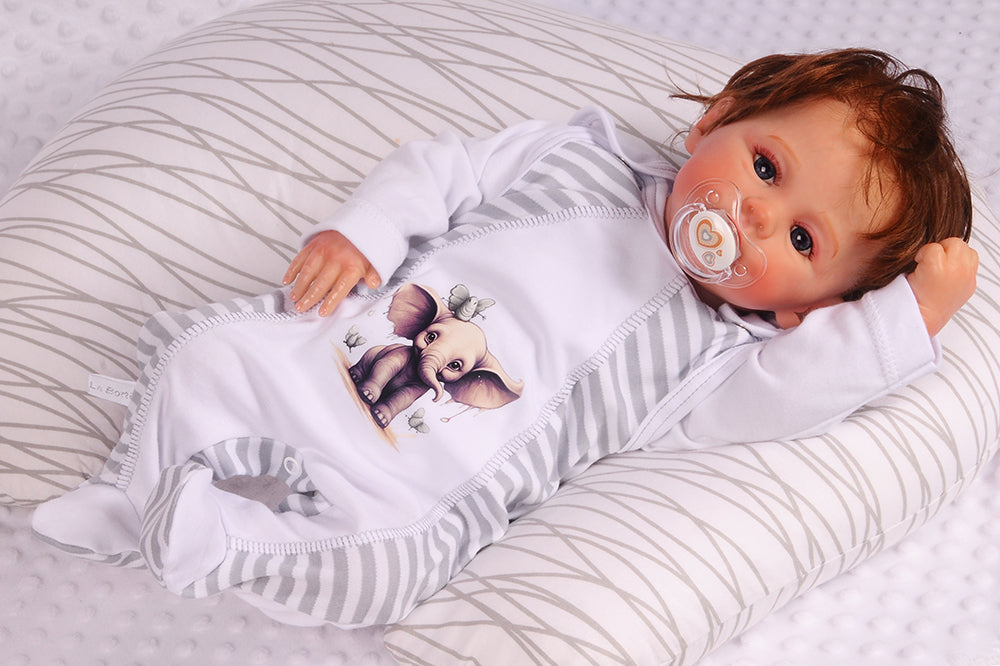 Strampler Mütze und Langarmshirt Baby Anzug in Weiß gestreift mit Elefanten Aufdruck