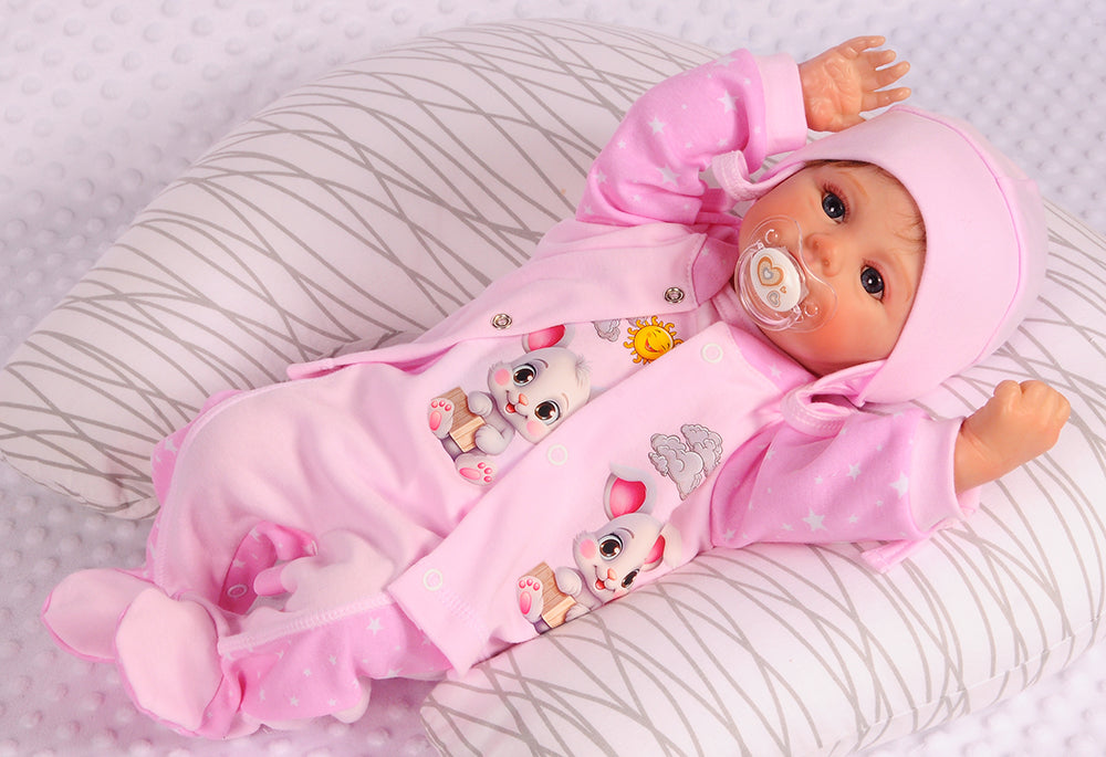 Strampler Mütze und Hemdchen Baby Anzug in Rosa mit Hasen