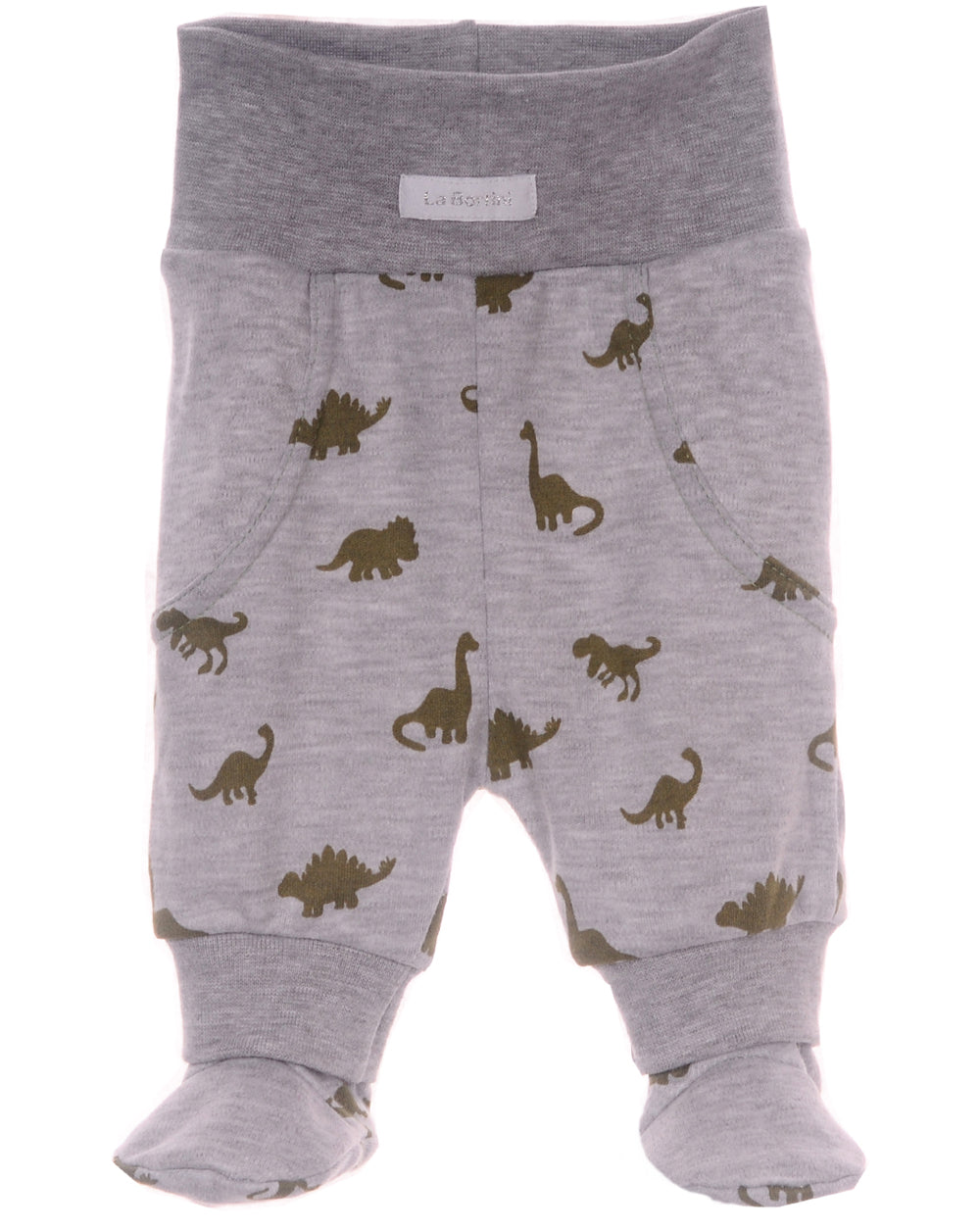 Schlupfhose Hose mit Füßchen in Grau mit Dinos Muster
