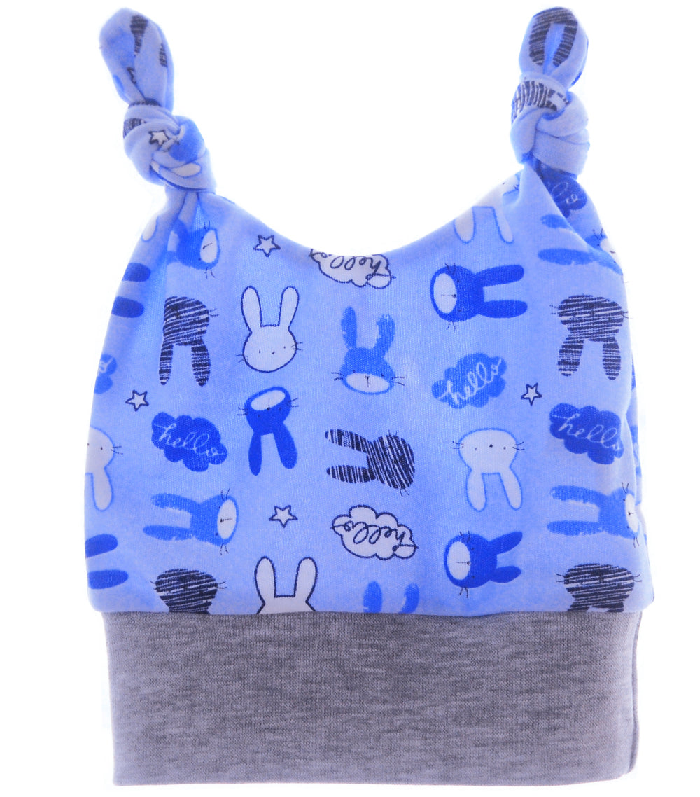 Baby Mütze Knotenmütze in Blau mit Hasenmuster