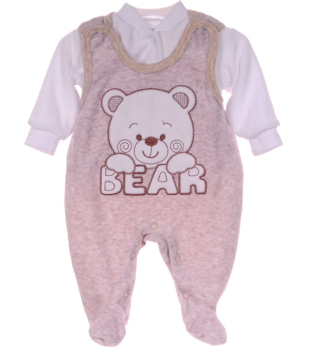Strampler und Shirt Baby Anzug in Beige weiß aus Velours mit Bärchen