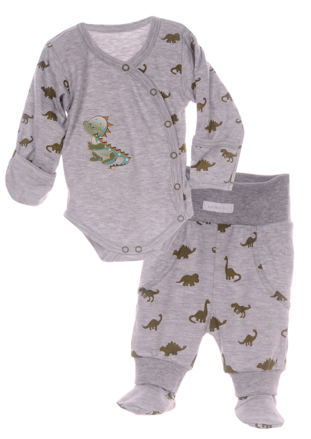 Body und Hose Baby Anzug in Grau mit Dinos Muster Wickelbody mit Kratzschutz