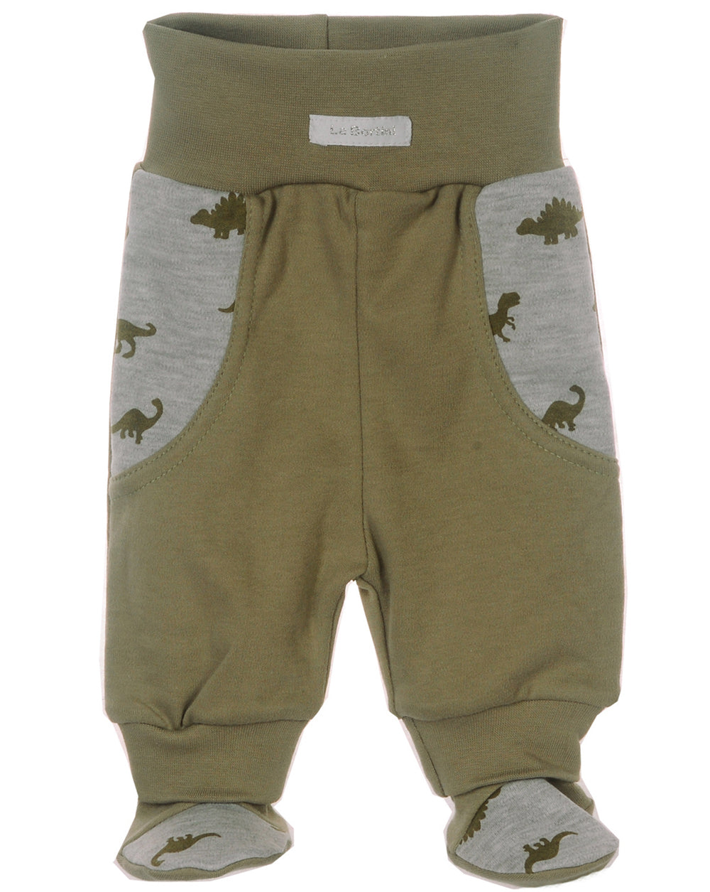 Baby Schlupfhose Hose mit Füßchen in Khaki mit Dinos Muster
