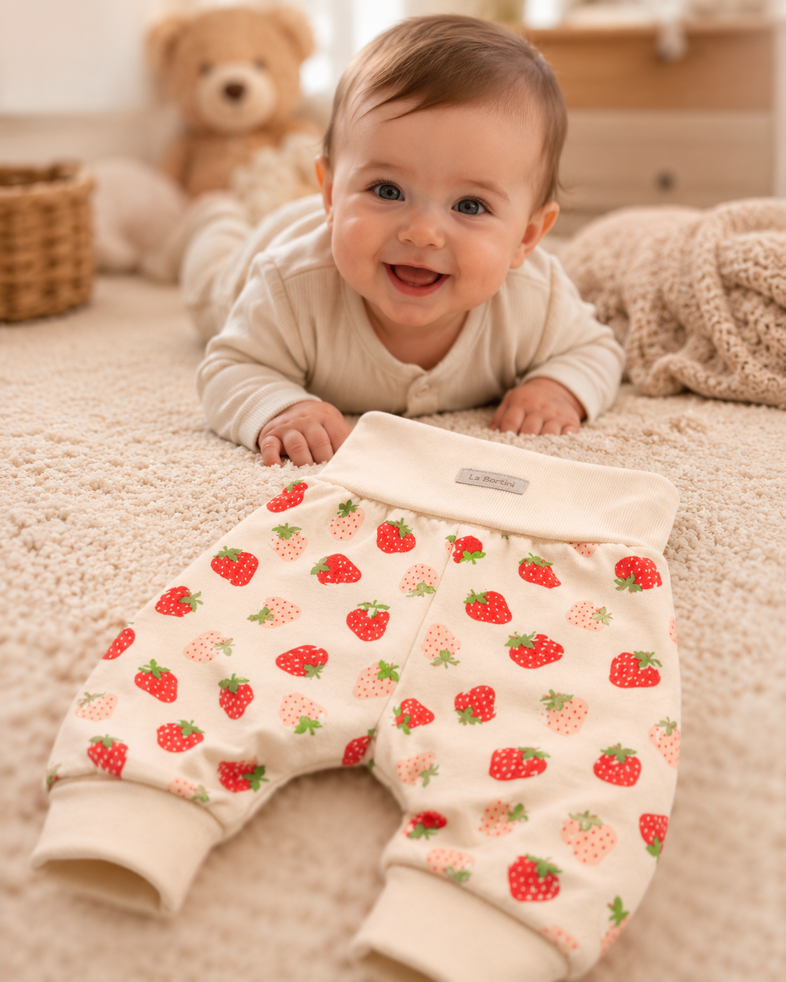 Baby Hose mit Erdbeeren Muster Mitwachshose Creme
