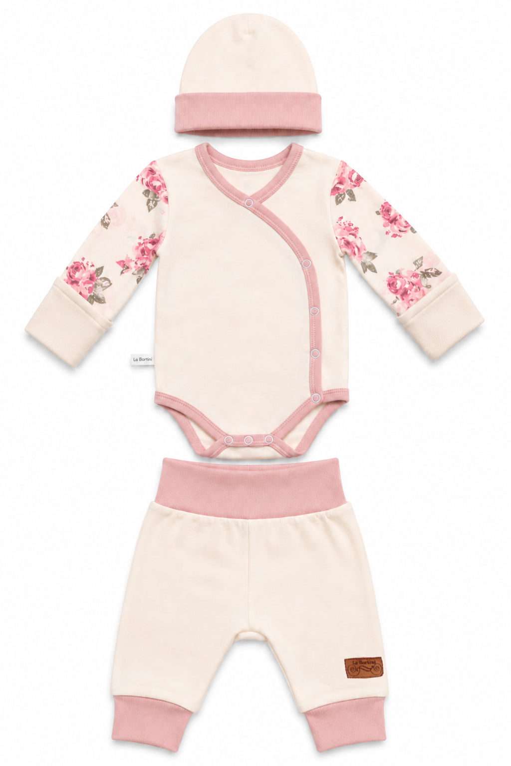 Baby Set 3Tlg Wickelbody Hose Mütze in Creme mit Blumen