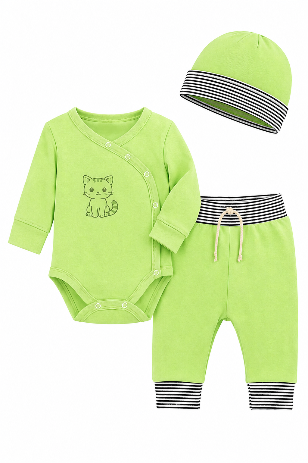Baby Anzug 3-teilig Wickelbody Mitwachshose Mütze Set in Grün