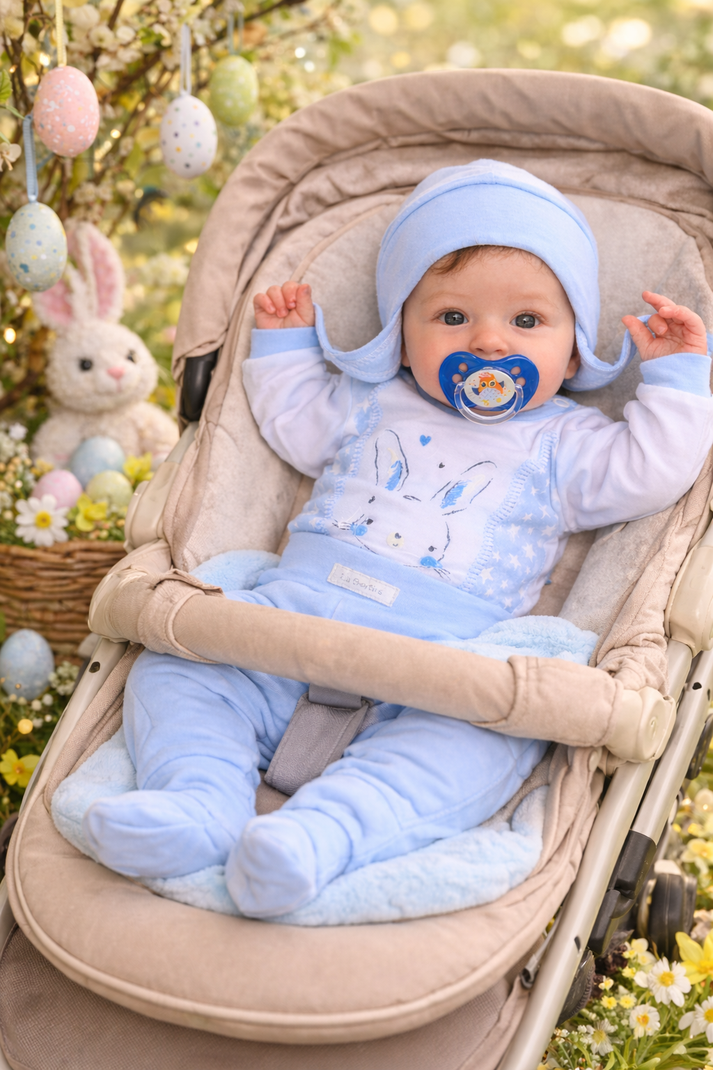 Body Hose und Mütze 3Tlg Baby Anzug in weiß blau mit Hasen