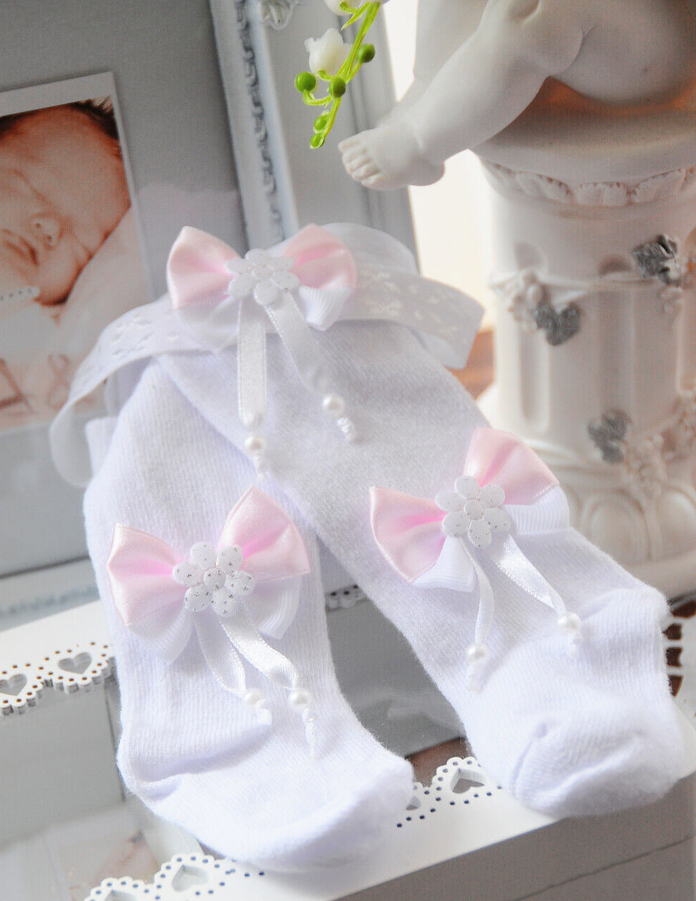 Strumpfhose und Stirnband Baby Set für Taufe festlich