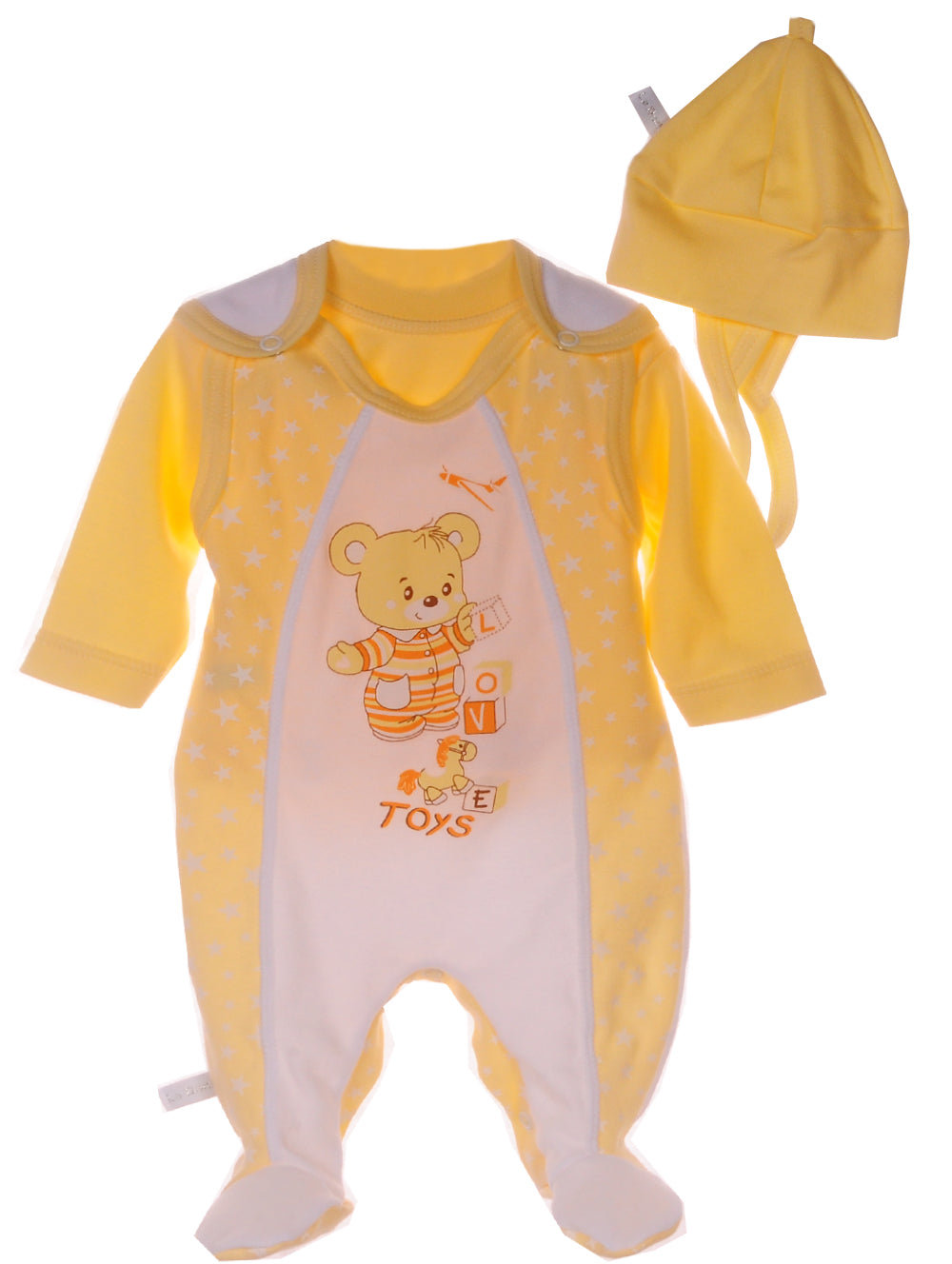 Baby Strampler Mütze Hemdchen Erstlingsset in Gelb mit Sternchen und Bären Aufdruck