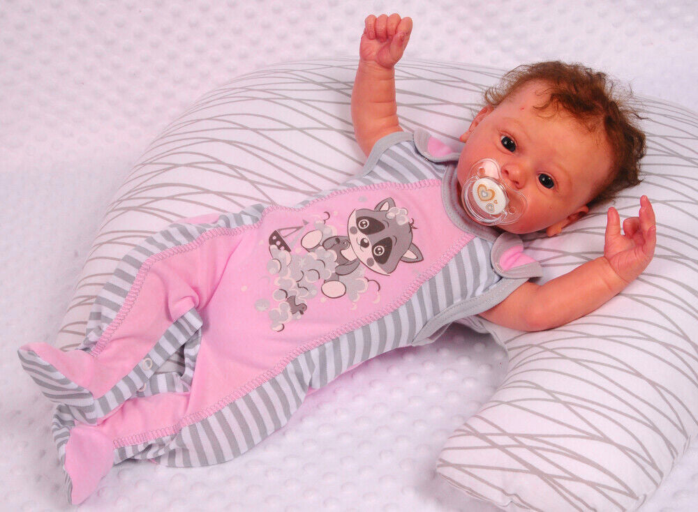 Strampler Baby Einteiler in Rosa gestreift mit Waschbär Aufdruck