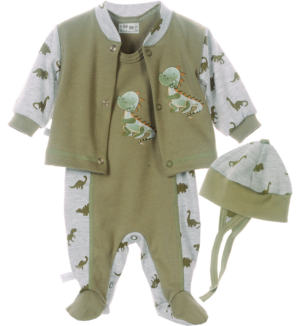Strampler Mütze und Hemdchen Baby Anzug in Khaki mit Dino